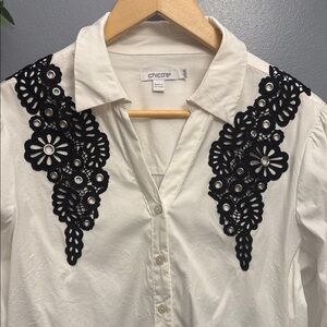 Chico's white Blouse with Black Floral Lace
